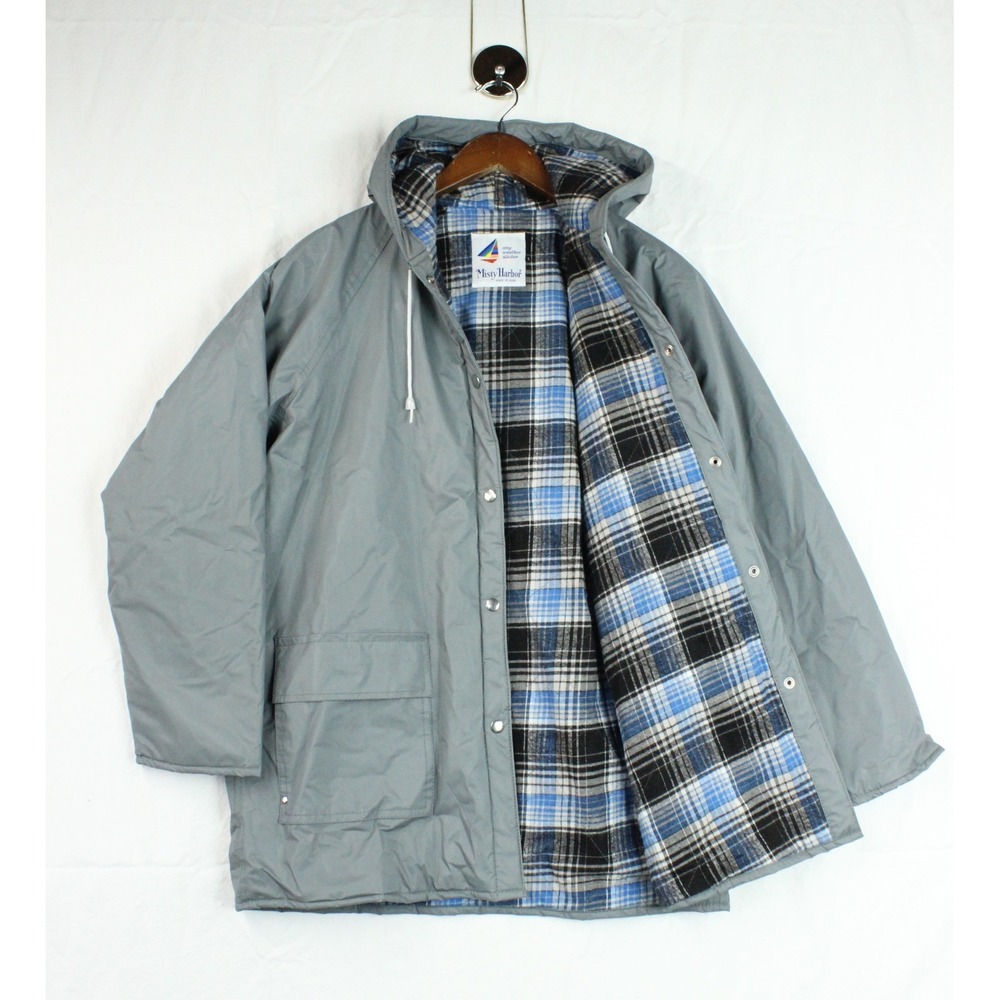 Vintage Misty Harbor Slicker Raincoat Gray Plaid Flannel Lined Hooded Large